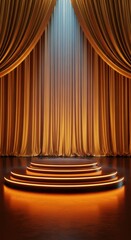 Golden velvet stage curtains framing a neon-lit, stepped circular platform: Dramatic theater or awards ceremony backdrop.