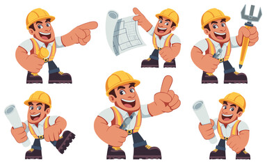 Confident construction worker mascot character set showing an industrial engineer or foreman actively directing, pointing, and reviewing architectural blueprints or building plans. This happy male pro