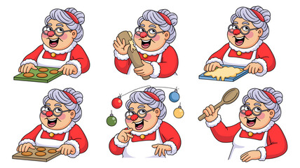 Fototapeta premium Happy Mrs. Claus character cooking and baking Christmas gingerbread cookies in six festive poses, rolling dough, preparing sweets, holding a spoon, and planning her holiday treats vector illustration