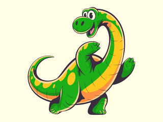 Obraz premium Cheerful friendly green long-necked cartoon dinosaur character standing and smiling with arms raised, posing happily; perfect mascot for kids' branding, education, or entertainment marketing materials