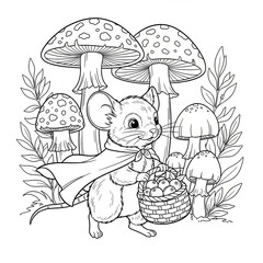 Little mouse wearing a cloak holding basket full of berries surrounded by mushrooms