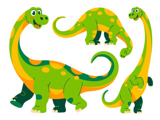Obraz premium Three playful cartoon sauropod dinosaurs standing and walking in various poses, featuring happy friendly expressions, rendered in a vivid green and yellow flat design vector illustration set. Ideal ed