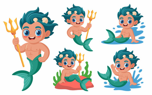 Adorable cartoon merman character illustration collection showing a cute little boy with seashells and trident posing happily in various swimming positions, perfect vector graphic element for children