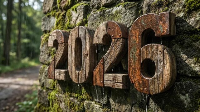 A close-up shot features the numbers '2026' crafted from rustic, weathered wooden planks, each piece secured with visible metal rivets. These aged numbers are prominently affixed to an ancient stone w