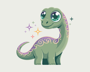 Naklejka premium Enchanting and adorable baby dinosaur character illustration, a smiling cartoon long-neck apatosaurus creature with glossy big sparkling eyes and magical purple swirl decorations, charming vector grap