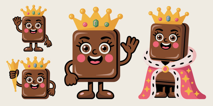 Adorable kawaii vector illustration set of cheerful dark brown chocolate bar characters; regal candy queen and royal confectionary king wearing elaborate golden crowns, holding a scepter, and adorned