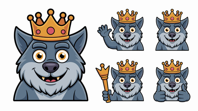 Friendly cartoon wolf king mascot character vector illustration set wearing a majestic golden crown, demonstrating leadership and success with waving, double thumbs up, and a scepter, excellent for mo