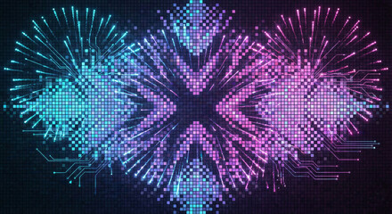 Obraz premium Abstract neon ribbons (electric blue, purple, and pink) twist in an infinite shape over a reflective, foggy surface, showcasing a futuristic and cyberpunk aesthetic.