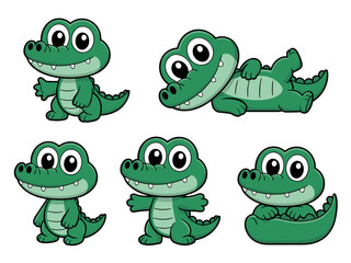Obraz premium Cute cartoon baby alligator and crocodile character poses collection, a funny and happy mascot illustration set for playful children's education, branding, marketing, website design, including standin
