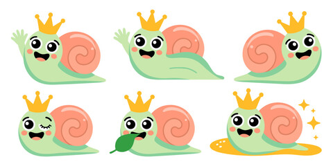 Obraz premium Cute snail princess cartoon characters set featuring six different adorable royal garden critters waving, winking, and smiling happily in a vibrant vector illustration perfect for children's marketing