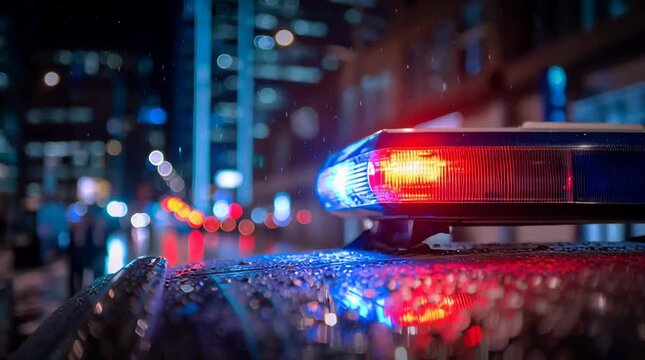 A close-up of a police car's flashing red and blue light bar at night, with blurred city lights in the background.