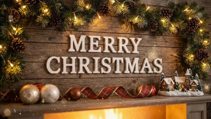 A cozy and festive holiday scene unfolds, featuring the timeless message 'MERRY CHRISTMAS' displayed in charming white, distressed letters against a rustic wooden backdrop. Above, a beautiful evergree - Powered by Adobe