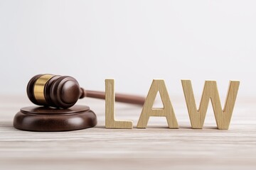 Wooden gavel with brass details and LAW text on white surface, clean legal symbolism for justice system, law firm branding, or educational materials.