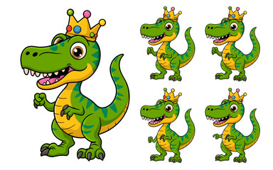 Naklejka premium Cute cartoon Tyrannosaurus Rex dinosaur king wearing a magnificent golden crown, a cheerful majestic prehistoric animal mascot illustration perfect for children's books, education, playful marketing,