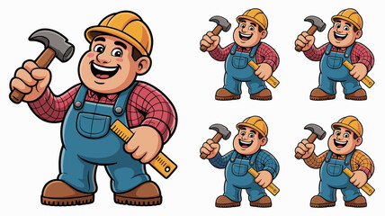 Cheerful cartoon construction worker illustration smiling broadly, wearing a yellow hard hat and blue overalls, confidently holding a hammer and a wooden ruler, perfect for advertising skilled tradesm