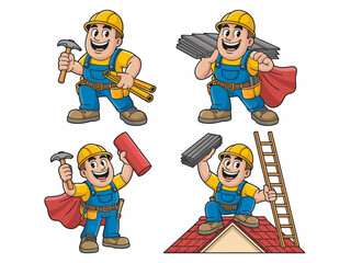 Cheerful cartoon construction worker mascot wearing a hard hat and blue overalls, acting as a speedy superhero tradesman holding tools, hammer, pipes, and roof shingles, ready for dependable home repa