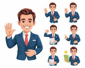 Complete set of expressive poses featuring a happy, handsome, professional cartoon businessman avatar wearing a blue suit and red tie, greeting, pointing, and presenting documentation for corporate co