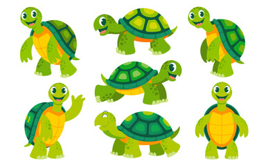 Obraz premium Six funny cartoon turtle characters, cheerful green tortoises with bright yellow undershells and vibrant green shells, isolated vector collection posing, standing, walking, and waving happily; ideal m