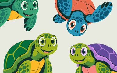 Fototapeta premium A collection of four adorable smiling baby sea turtles, vibrant vector cartoon illustration featuring colorful aquatic marine reptiles, perfect for children's education, playful environmental conserva