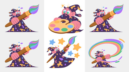 Magic artist sorcerer character bundle demonstrating creative potential and artistic skill with a large rainbow paint brush and wooden palette, perfect for modern digital advertising, design resources