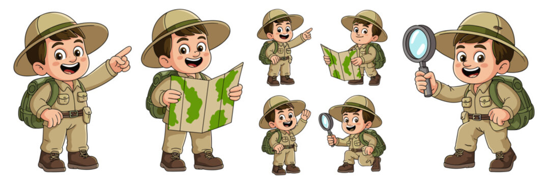 Adorable cartoon boy explorer character set vector illustration, happy kid wearing a safari outfit, pointing, investigating with a magnifying glass, reading a map for jungle travel, depicting childhoo
