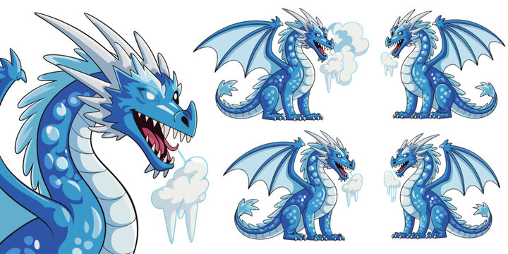 Powerful blue ice dragon character vector illustration set featuring full body poses and fierce headshot, mythical winter beast mascot breathing frost and cold rime for fantasy gaming, strong legendar
