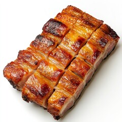 Perfectly roasted crispy pork belly sliced into golden brown squares ready to serve on a clean on white background