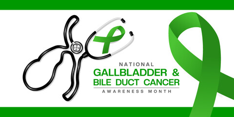 National Gallbladder And Bile Duct Cancer Awareness Month. Gallbladder shape stethoscope and green ribbon. Great for cards, banners, posters, social media and more. White background. 