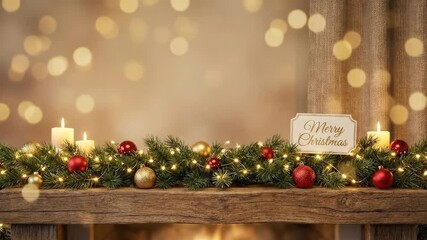 A cozy, festive mantelpiece adorned with a lush evergreen garland, intricately woven with twinkling string lights and classic red and gold spherical ornaments. Three white pillar candles cast a warm,  - Powered by Adobe
