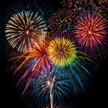 Colorful fireworks explosion display in the dark night sky celebrating a holiday event