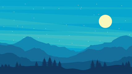 Cartoon night nature landscape full moon shining in sky with stars. 
