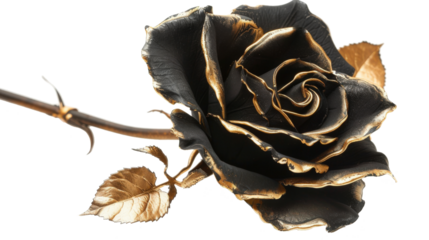 Elegant Black Rose with Gold Edges Isolated on White Background