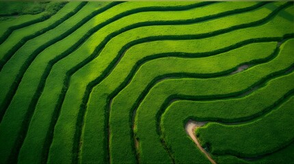 Fototapeta premium Lush Green Terraced Fields: Aerial View of Winding Rice Paddies or Tea Plantations