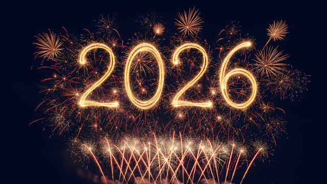 happy new year, new year's eve, new year, celebration greeting card, new year card - Year 2026 in sparkler font and firework fireworks pyrotechnic, isolated on black night sky background,  New Year's 