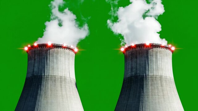 Nuclear Power Plant Cooling Towers With Steam On Green Screen