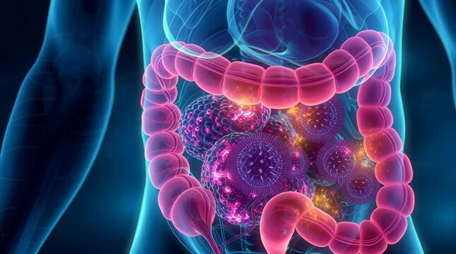 Anatomical illustration of the human colon and intestines with a representation of bacteria and viruses.