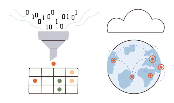 Binary data processed through a funnel into sorted units, a cloud signifies storage, and a globe shows global connectivity. Ideal for data analysis, cloud computing, AI, technology, global networks