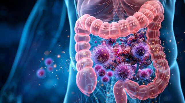 A detailed scientific illustration of the human digestive system showing bacteria or abnormal cells within the intestines.