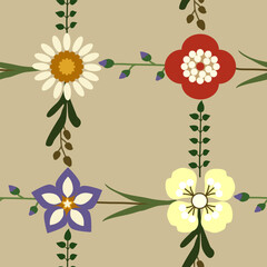 Colorful daisy petal flower blossom, vector hand drawing seamless pattern, abstract red, yellow, white flora on brown background for fashion fabric textiles printing, wallpaper and wrapping