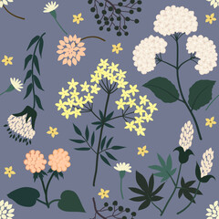 Colorful daisy petal flower blossom, vector hand drawing seamless pattern, abstract yellow, white flora on grey background for fashion fabric textiles printing, wallpaper and wrapping