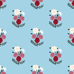 Roses and daisy petal flower blossom, vector hand drawing seamless pattern, abstract pink white flora on blue background for fashion fabric textiles printing, wallpaper and wrapping