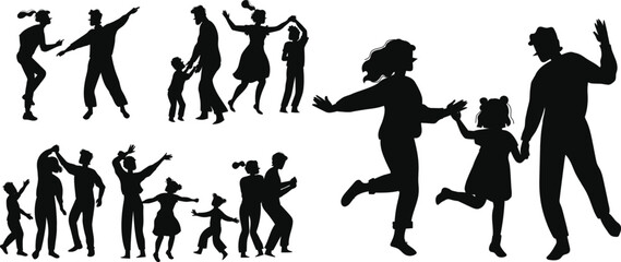 Happy couples and families with kids dancing