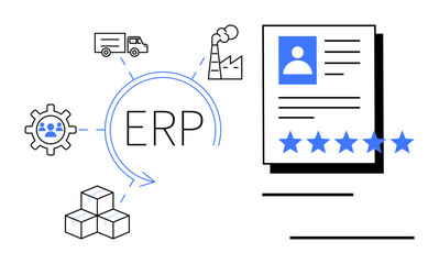 ERP system diagram with supply chain, factory, user profile, rating icons and arrows connected around ERP text. Ideal for enterprise, logistics, automation, management, data integration workflow