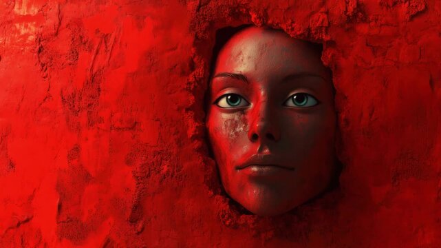 A closeup view of a face embedded in red clay showcases the texture and artistic details in an art installation
