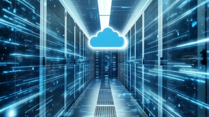 The video shows a server room with data storage racks and digital graphics illustrating cloud storage technology - Powered by Adobe