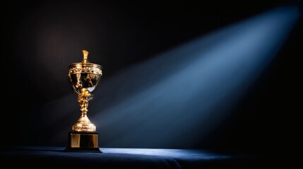 elite. Shining gold trophy displayed on a velvet podium under dramatic spotlight, evoking an elegant award ceremony. event key visuals.