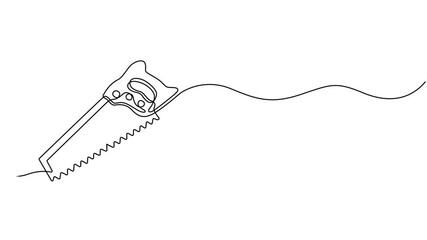 Animated self drawing of continuous line draw Wood Saw with Wooden Handle for Woodworking and Carpentry Tools. Full length single line animation, Hacksaw, wood saw, carpentry tools one line art. pro.
