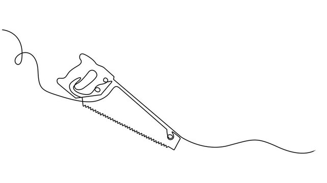Animated self drawing of continuous line draw Wood Saw with Wooden Handle for Woodworking and Carpentry Tools. Full length single line animation, Hacksaw, wood saw, carpentry tools one line art. pro.