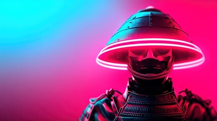 A futuristic samurai figure with a glowing helmet stands against a vibrant blue and pink background, combining traditional elements with modern neon aesthetics.