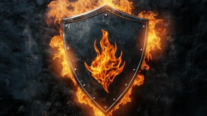 A shield with flames is placed against a dark background to represent strength and protection in design and art